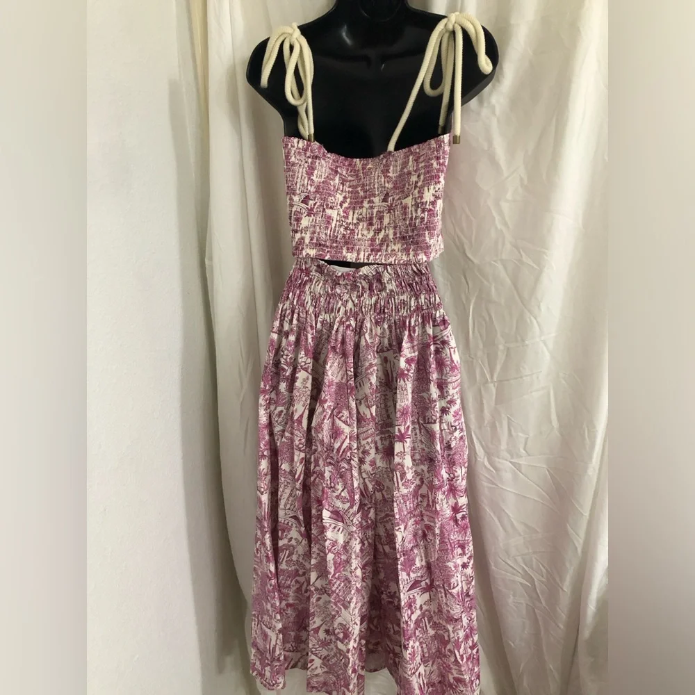 Joie 2pc pink white multi nautical strap crop top & smocked skirt set size Small